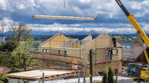 Building of a prefabricated house in Tutzing, Bavaria, Germany, Europe, 27. April 2016