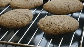 Whole wheat bread product on baking rack 4K 2160p 30fps UltraHD tilting footage - Oven baked homemade cookie surface slow tilt 3840X2160 UHD video