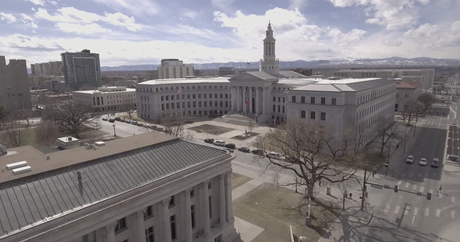 Downtown Denver Colorado Aerial of Federal building Court house near a park