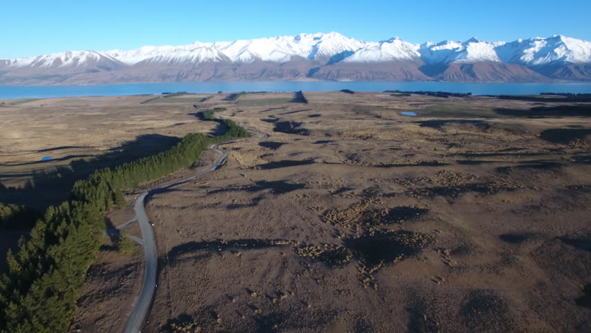 Aerial view of Lake Pukaki and the Southern Alps near Mount Cook, New Zealand