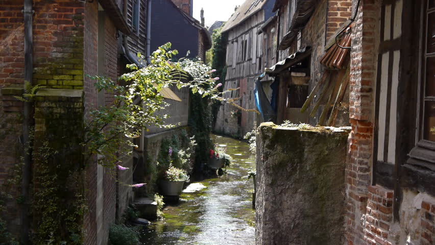 Small old street in Pont Audemer France, a touristic view