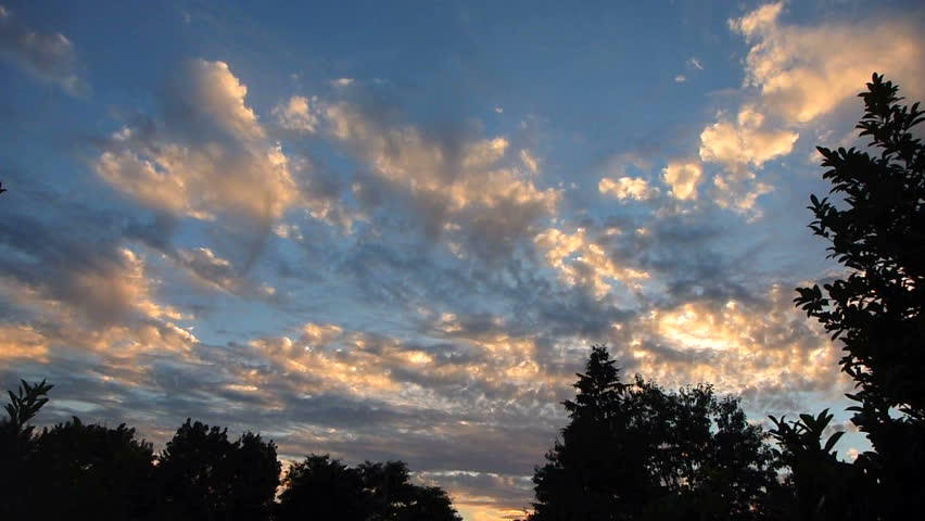 Time lapse of colorful sunset clouds over tree line.
