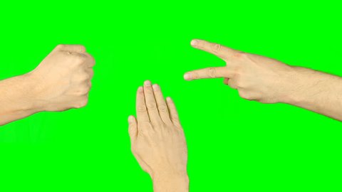 Rock paper scissors hand game. Three hands top view. Green screen chroma key alpha matte. Man hand gestures competition. Make choice. Random selection methods. Winner loser tournament. Playful game.