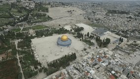 Aerial view of Al-Aqsa Mosque on temple mount, Western wall Israel- Palestine
Epic shot around Dome of the Rock on Temple mount and Al-Aqsa Mosque. 
Jerusalem muslim quarter & the old city at the back