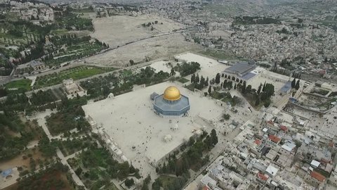 Aerial view of Al-Aqsa Mosque on temple mount, Western wall Israel- Palestine
Epic shot around Dome of the Rock on Temple mount and Al-Aqsa Mosque. 
Jerusalem muslim quarter & the old city at the back