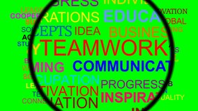 Team work terms under magnifier, video on green screen with zoom effect, magnifier is moving over colorful text