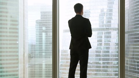 Back view at contemplative businessman in suit standing near full-length window in office, deep in thoughts, looking at big city buildings, waiting for meeting to start, considering business decision