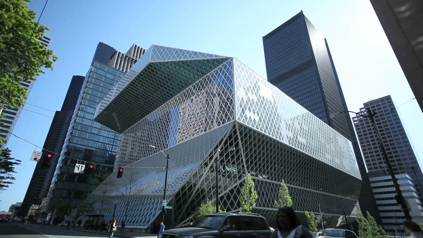 SEATTLE, USA - MAY 12: Timelapse  of the Seattle Public Library and crossing