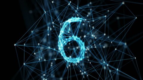 Abstract digital binary data nodes and connection paths form a countdown. The numbers are transformed one into another, creating stylish digital plexus motion graphics. Rotating camera Alpha Matte 4k