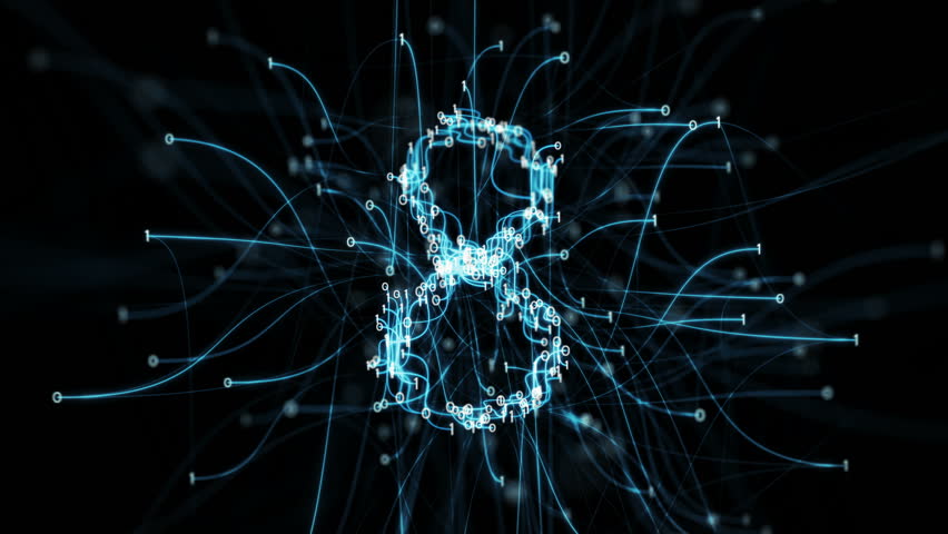 Abstract digital binary data nodes and pipe connection paths form a countdown. Numbers are transformed one into another, creating stylish digital plexus motion graphics. Rotating camera Alpha Matte 4k