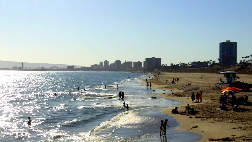 The Pacific Ocean and beach on a hot summer day in Long Beach, CA.