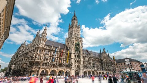 Tourists at the Marienplatz street in Munich view in front of Town Hall. The Marienplatz is central square in the city centre of Munich, Germany. Hyperlapse footage 