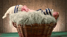 Two weeks old infant baby wearing knitted funny costume, sleeping in a basket over wooden background, studio shot. Sweet newborn baby portrait over wood rustic background. 4K UHD video 3840X2160