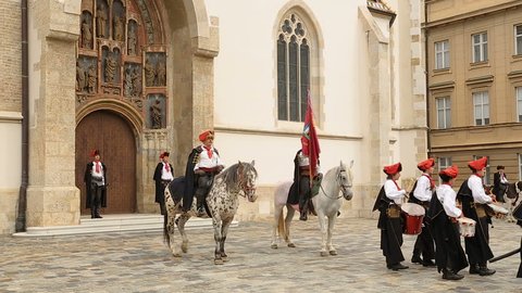 ZAGREB, CROATIA - CIRCA AUGUST 2014: Sightseeing in the city. Historical performance in Zagreb, Cravat Regiment, guard of honour, reenactment