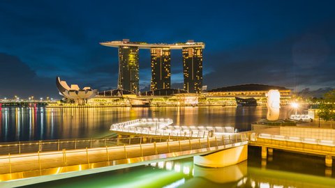 Singapore City, Singapore - 22 January, 2017: Singapore Marina Bay Sands and Merlion Night to day timelapse, Singapore 4K Time lapse 