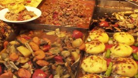 Grilled vegetables and other food of street food stalls. Full HD 1920x1080 Video Clip
