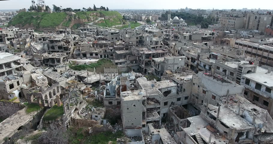 A flight of a drone over the city   03/04/2017 - Homs - Syria 