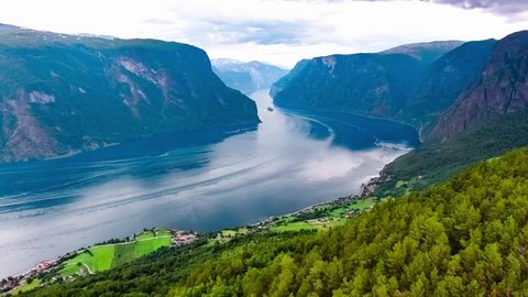 Stegastein Lookout Beautiful Nature Norway aerial view. Sognefjord or Sognefjorden, Norway Flam