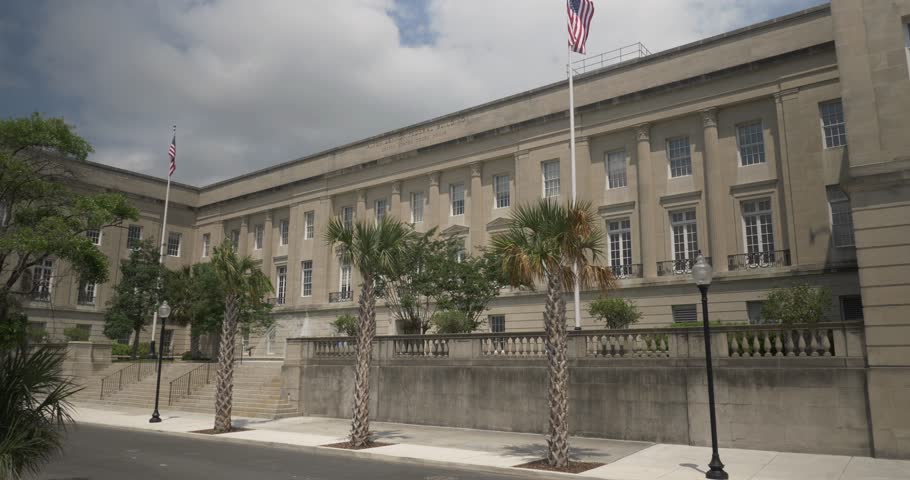 WILMINGTON, NC - Circa May, 2017 - A daytime exterior establishing shot of the courthouse federal building in downtown Wilmington, North Carolina.  	