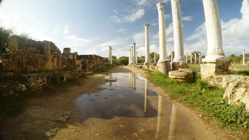 Salamis is an Ancient Greek City-State on the East Coast of Cyprus, at the Mouth of the River Pedieos, North of Modern Famagusta. Antique Ruins Near Mediterranean Sea. There Are Baths, Public