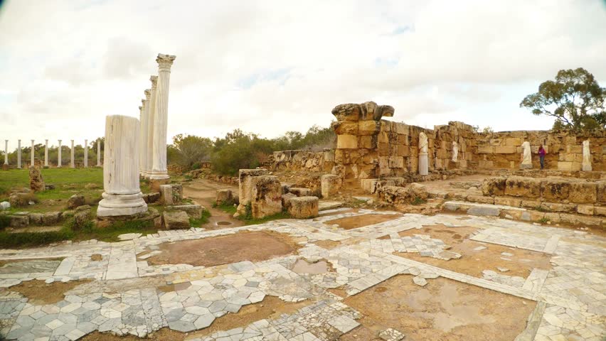 Salamis is an Ancient Greek City-State on the East Coast of Cyprus, at the Mouth of the River Pedieos, North of Modern Famagusta. Antique Ruins Near Mediterranean Sea. There Are Baths, Public