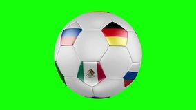 Confederations Cup 2017. A looped spin of soccer ball with flags of Russia, Germany, Australia, Chile, Mexico, New Zealand, Portugal and Cameroon. Green screen.Seamless looping video. 3D render.