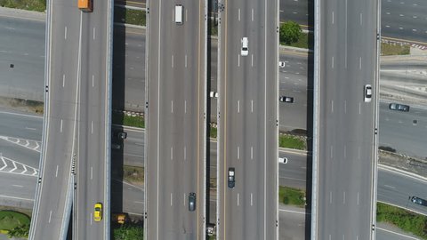 Aerial : Many cars are running on bridges in the city.