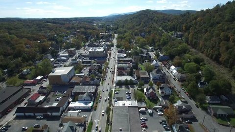 Aerial views of Berkeley Springs, WV revealing the intimacy and grandness of the mountains and countryside that surround this small town