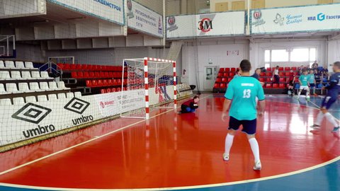 NOVOSIBIRSK, RUSSIA - APRIL 1, 2017: Players during the match Futsal, Corporate Futsal tournament Gazprombank - Siberian Cup