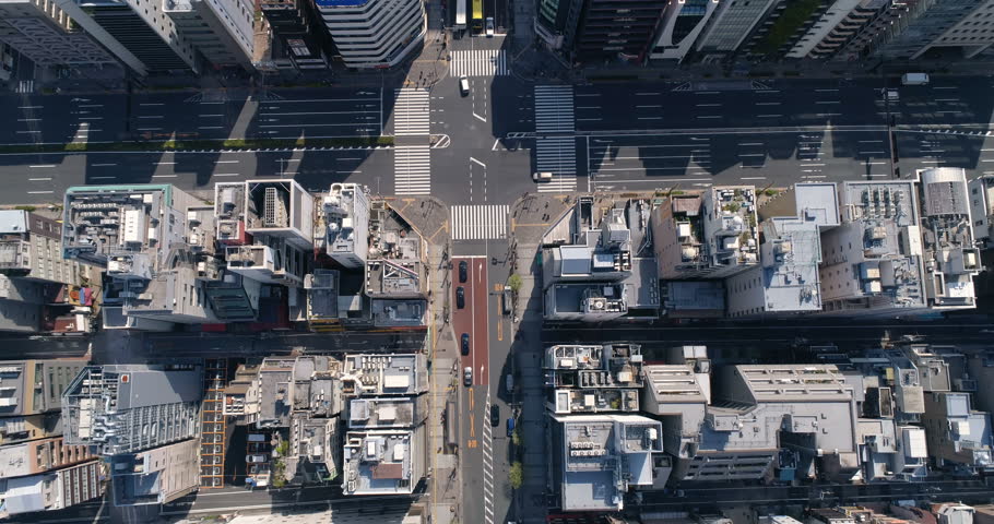 Aerial top shot of Tokyo street and buildings, urban area, Japan