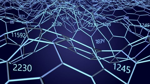 Blue network of hexagons and changing numbers. 3d render.