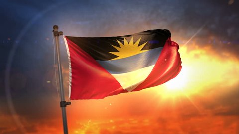 Antigua and Barbuda Flag Backlit At Beautiful Sunrise Loop Slow Motion 3D Rendering 4K
