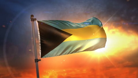 The Bahamas Flag Backlit At Beautiful Sunrise Loop Slow Motion 3D Rendering 4K