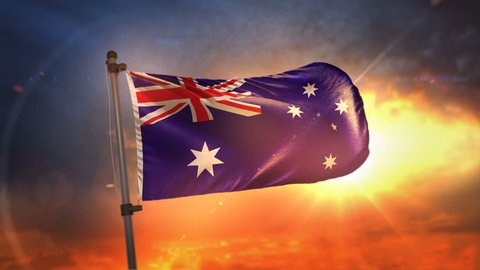 Australia Flag Backlit At Beautiful Sunrise Loop Slow Motion 3D Rendering 4K