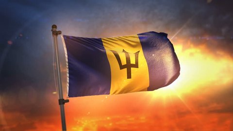 Barbados Flag Backlit At Beautiful Sunrise Loop Slow Motion 3D Rendering 4K