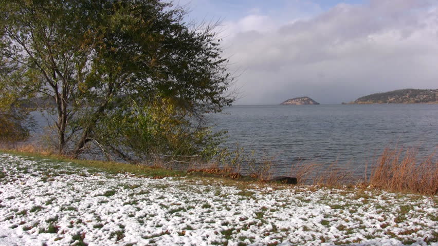 Snow on the shore of Klamath Lake in Oregon