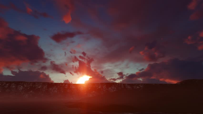A dramatic sunset with epic clouds. Colorful horizon. Cumulus clouds in motion. Three-dimensional graphics.
