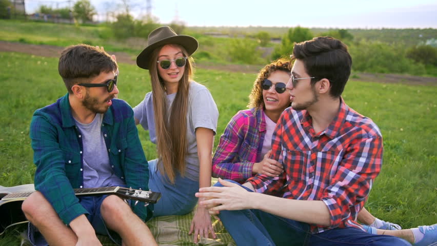 Four hipsters sitting on the grass at picnic .They   gives five to each other. They very happy and cheerful. Royalty-Free Stock Footage #27066178