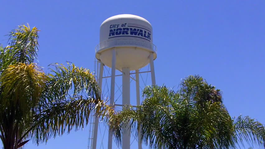 NORWALK, CA - JULY 22: A water tower in Norwalk displays the name on July 22,