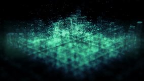 Green digital 3D city district generating from particles on dark background with flying camera around animation. - Powered by Shutterstock - Get 15% off with code: PIKWIZARD15
