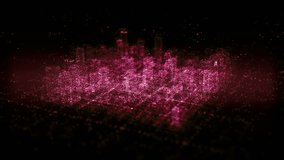 Red digital 3D city district generating from particles on dark background with flying camera animation. Camera with Depth of Field effects. - Powered by Shutterstock - Get 15% off with code: PIKWIZARD15