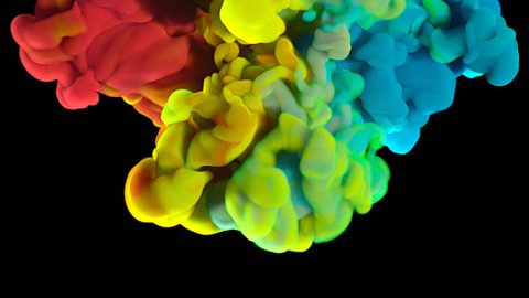 Colorful rainbow paint drops from above mixing in water. Ink swirling underwater. Cloud of silky ink isolated on black background. Colored abstract smoke explosion animation effect. Close up view. Arkistovideo