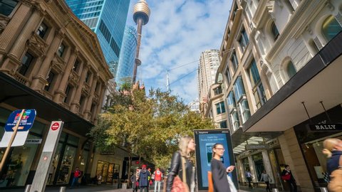 Sydney, Australia - May 12, 2017: 4k timelapse video of Pitt Street Mall in Sydney, Australia. It is one of busiest shopping precincts in Australia.