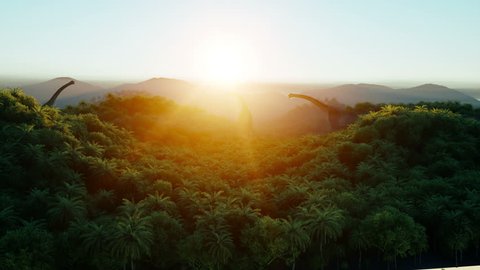 Mountain, field landscape with dinosaurs. Palm trees. Aerial view. Jungle. Realistic 4k animation .: stockvideo