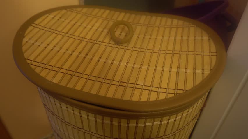 the human hand raises the lid of the basket for dirty Laundry and throws the dirty clothes.