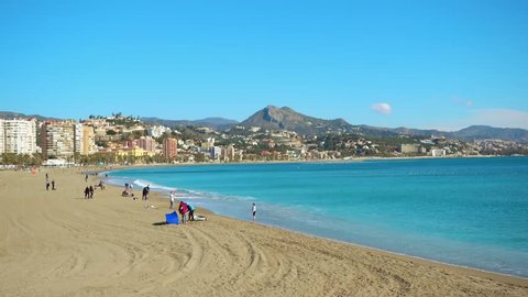 Beach in Malaga. Malaga is municipality in Autonomous Community of Andalusia, Spain. Southernmost large city in Europe, it lies on Costa del Sol of Mediterranean.