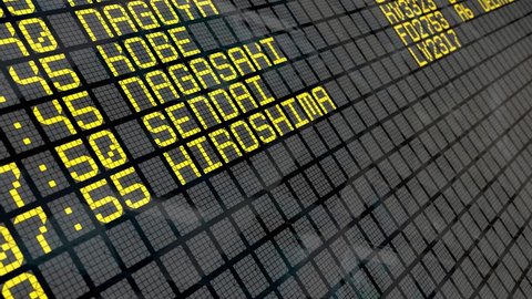 Close-up of an airport departure board to Japanese cities destinations, with environment reflection. Part of a series. 4k video resolution (4096x2304).
