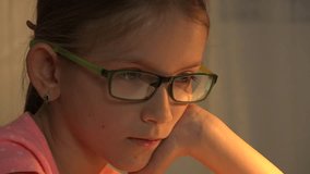 4K Thoughtful Child Portrait in Night, Eyeglasses Sad Girl Staring and Thinking