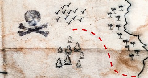 Panoramic move camera above Fake pirate map with Treasure chest, red adventure path and Pirate Ship. Old retro and vintage map of Fake Island with treasure chest and skull.