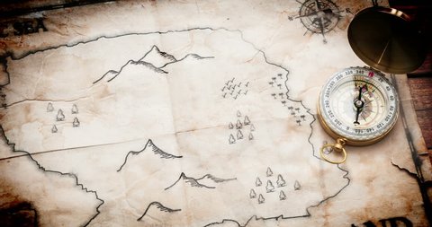 Panoramic move camera above Fake pirate map with Treasure chest, red adventure path and Pirate Ship. Old retro and vintage map of Fake Island with treasure chest and skull.